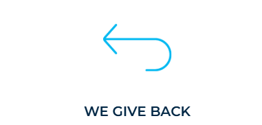 light blue arrow with the words "we give back" underneath