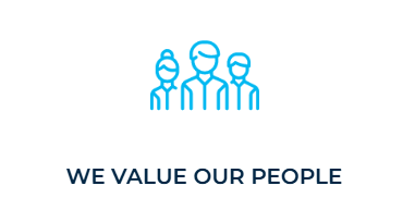 light blue group of individuals with the words 'we value our people' underneath
